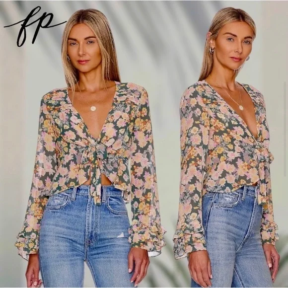 FREE PEOPLE Maybel Tie-Front Ruffled Blouse (Green/Pink) - Picture 1 of 7